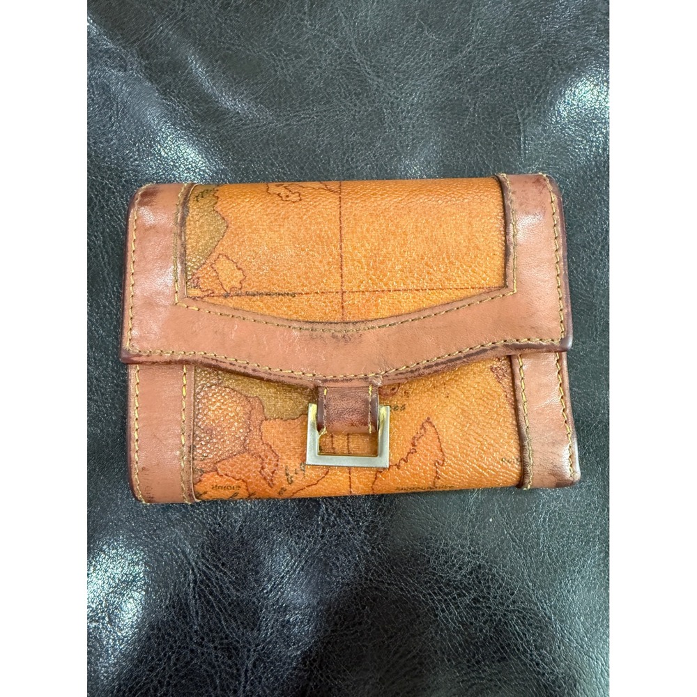 Alviero Martini 1a Classe Geo Classic Map Print Leather Tri-fold Wallet Tan